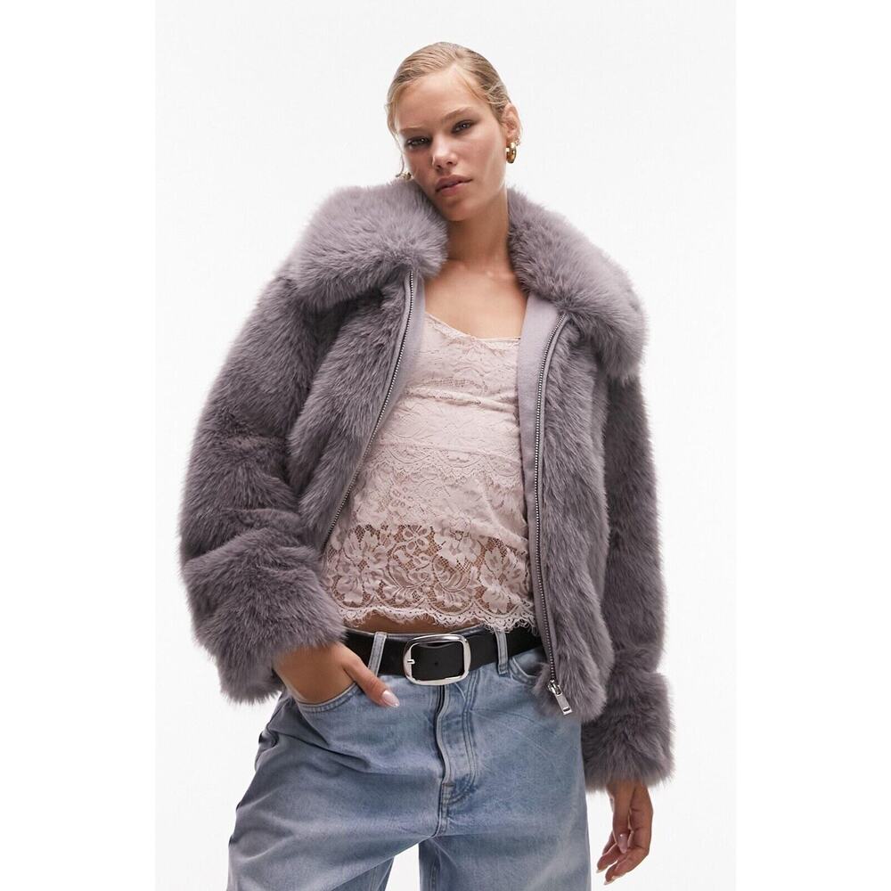 TopShop Women's Cropped Faux Fur Gray Coat Size 8